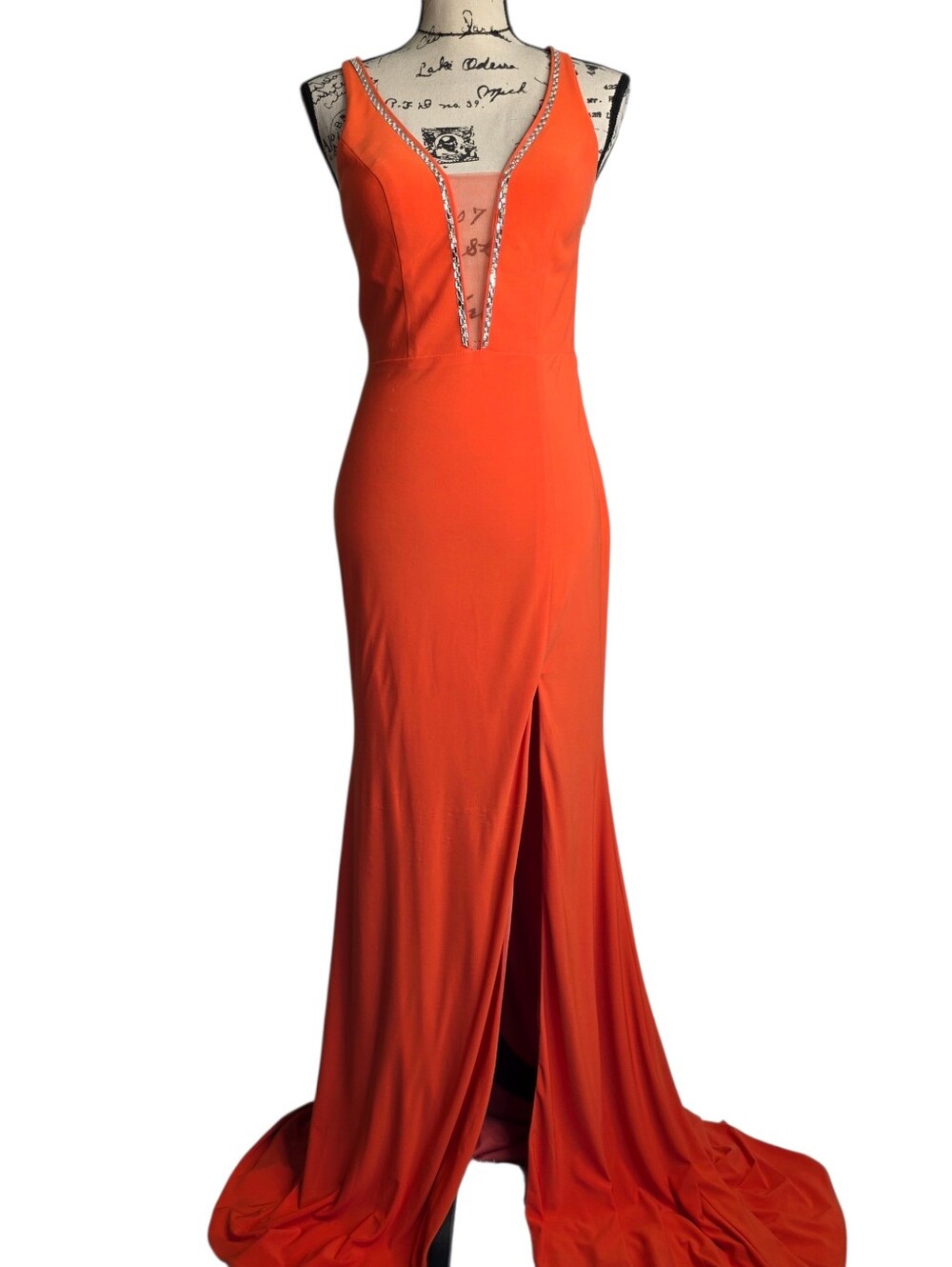 Madison James Orange Plunging Rhinestone Gown Lace-Up Back Slit Size 4 Y2k
